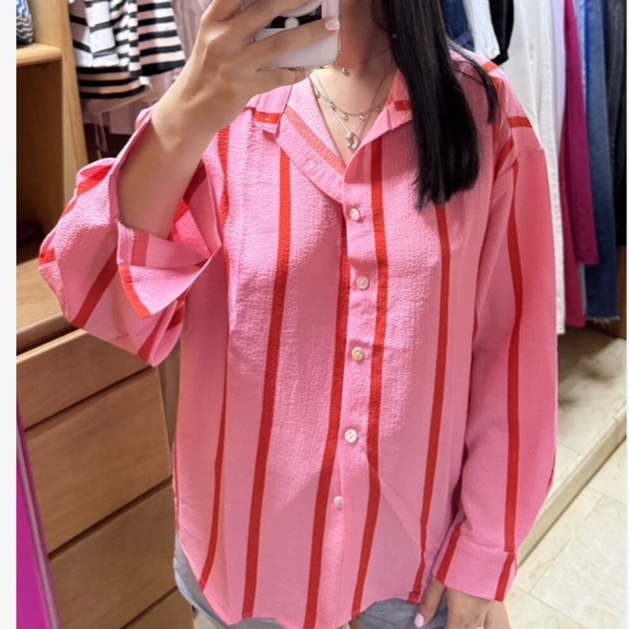 Pink Striped Oversized Button Down Shirt Long Sleeve - Picture 11 of 14